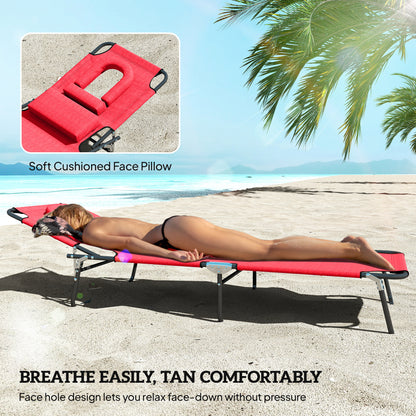 Folding Sun Lounger with Face Hole, 4-Position Adjustable Backrest Garden Recliner Chair Sunbed, Outdoor Lounge Chair
