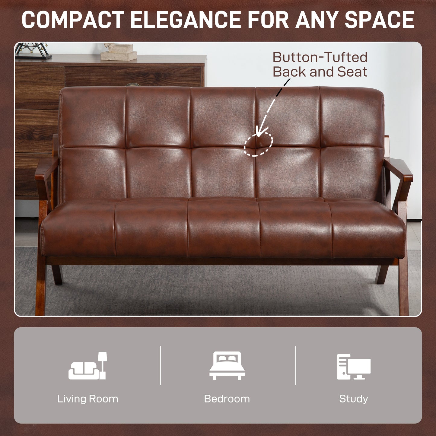 Compact 2 Seater Sofa, Vintage Tufted Loveseat Sofa with Solid Wood Legs, PU Leather Small Couch Settee for Living Room