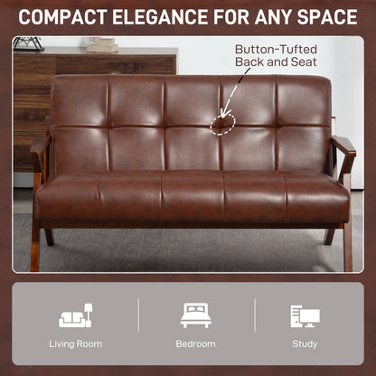 Compact 2 Seater Sofa, Vintage Tufted Loveseat Sofa with Solid Wood Legs, PU Leather Small Couch Settee for Living Room