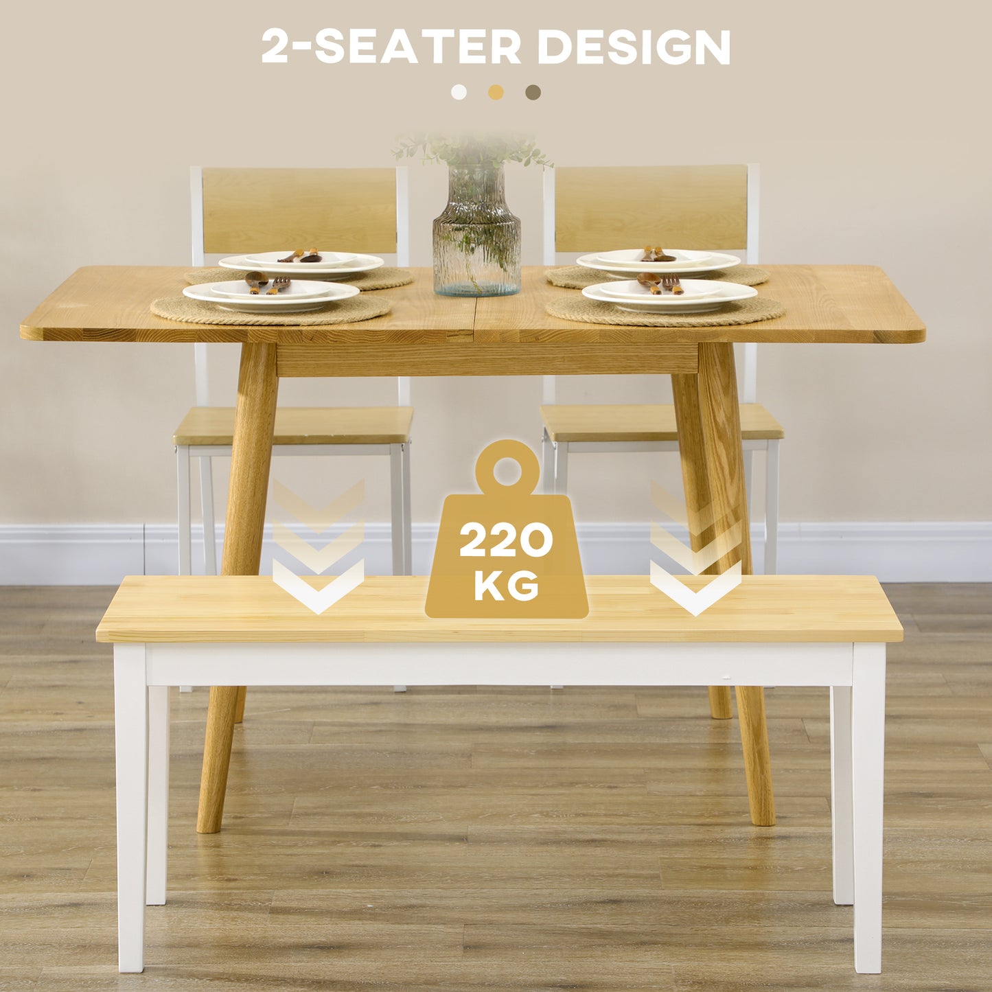 102 cm Wood Dining Bench for 2 People, Wooden Bench for Kitchen, Dining Room, Entryway, White