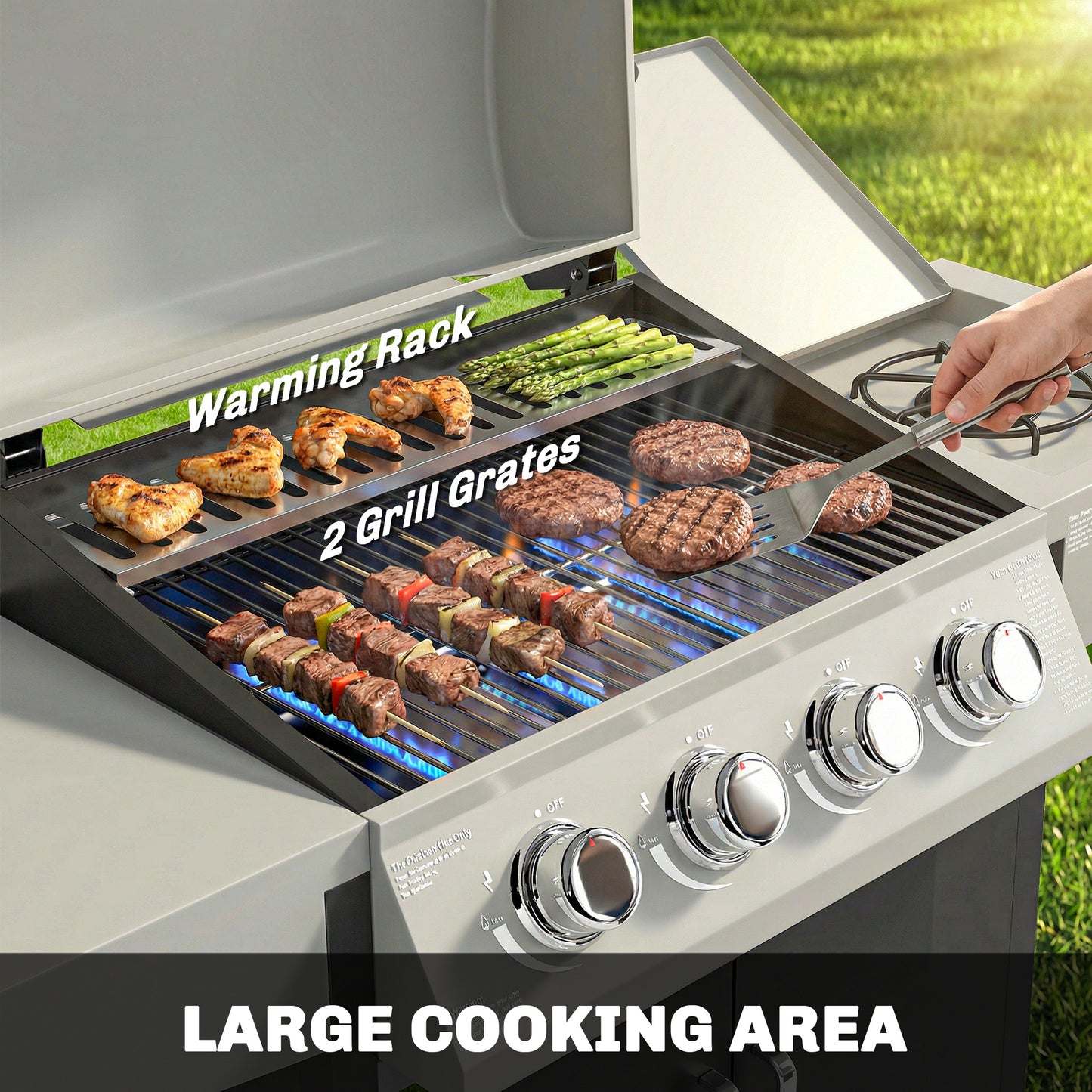 4+1 Burner Gas BBQ Grill with Side Burner, 14.5 kW Steel Portable Gas Barbecue Grill with Built-in Thermometer, Lid