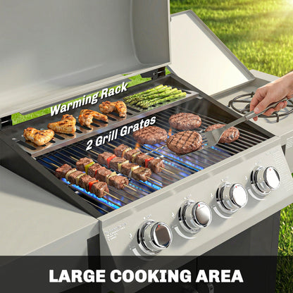 4+1 Burner Gas BBQ Grill with Side Burner, 14.5 kW Steel Portable Gas Barbecue Grill with Built-in Thermometer, Lid