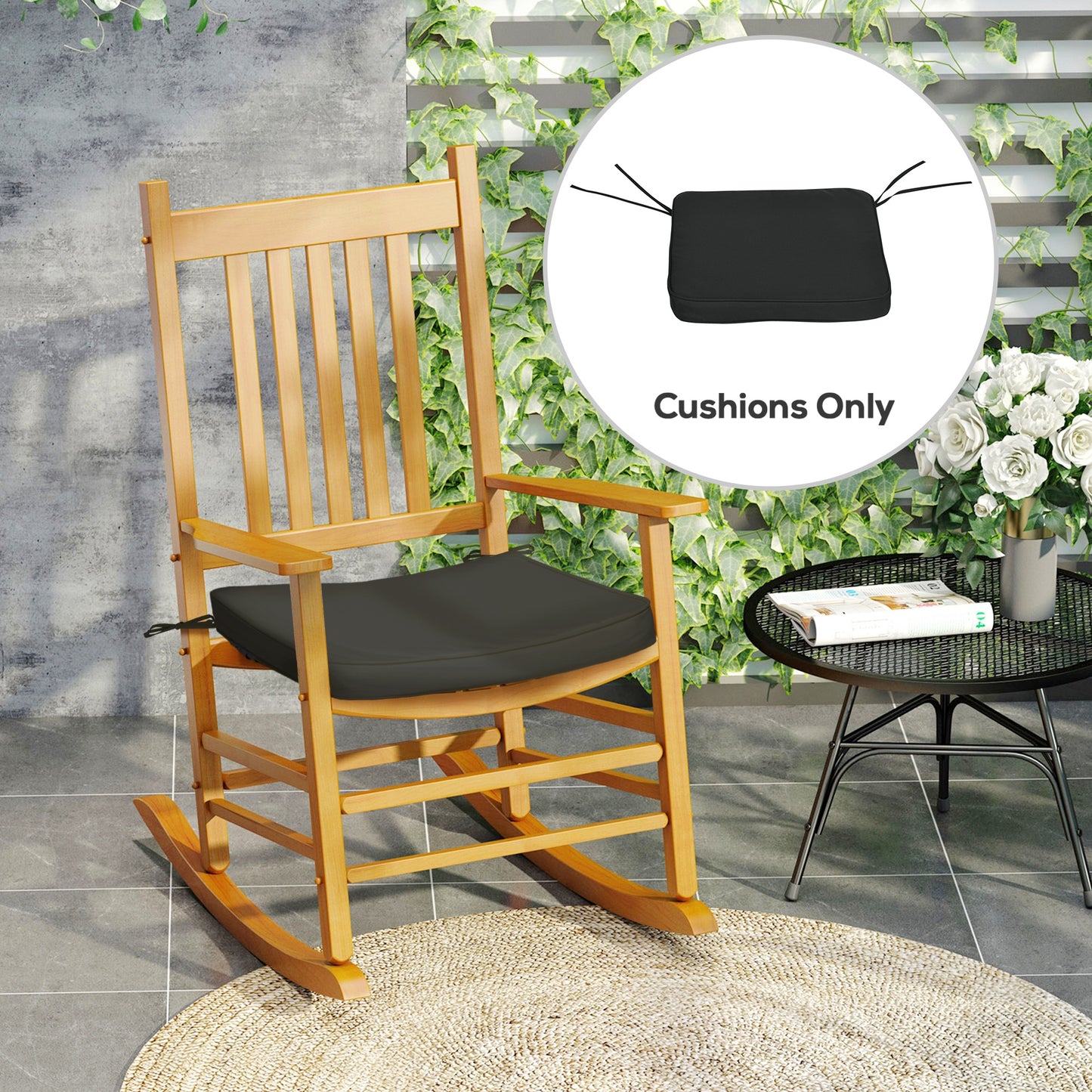 Set of 6 Chair Cushion Seat Pads Dining Chair w/ Straps Indoor Outdoor Removable Tie On Garden Patio, Black