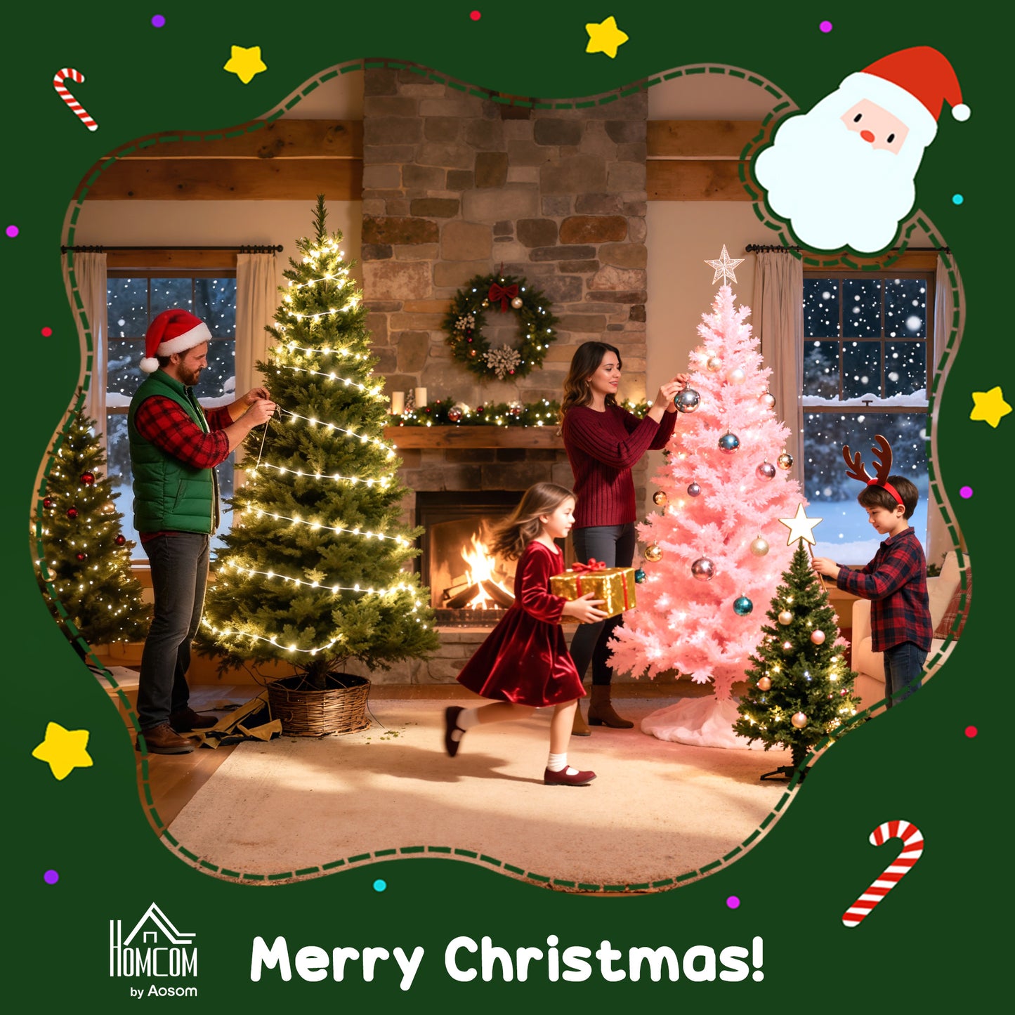 4ft Artificial Prelit Christmas Tree, Snow Xmas Tree with Colourful LED Lighting Fiber Optics, Green White