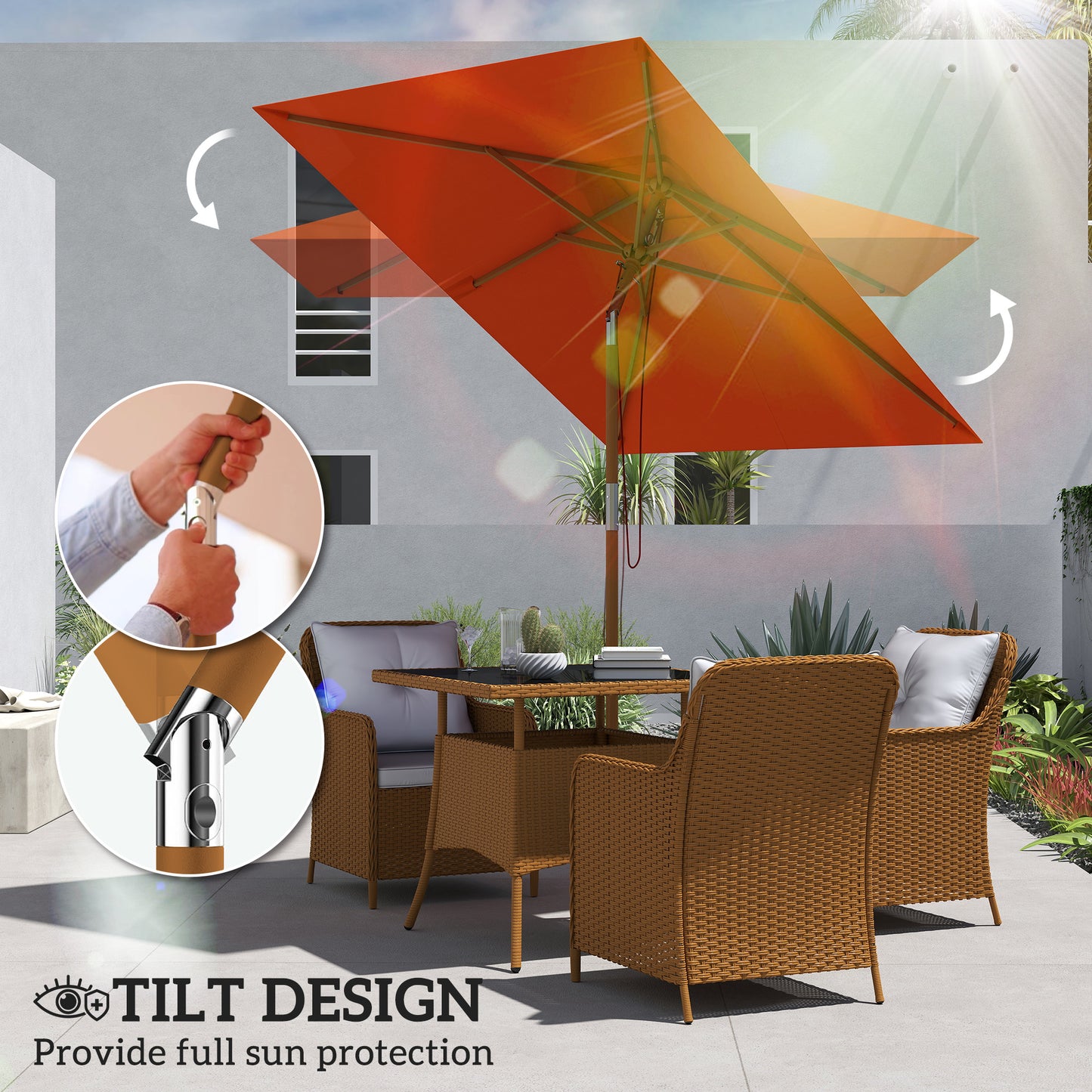 2m Tilting Wooden Pole Parasol - Orange