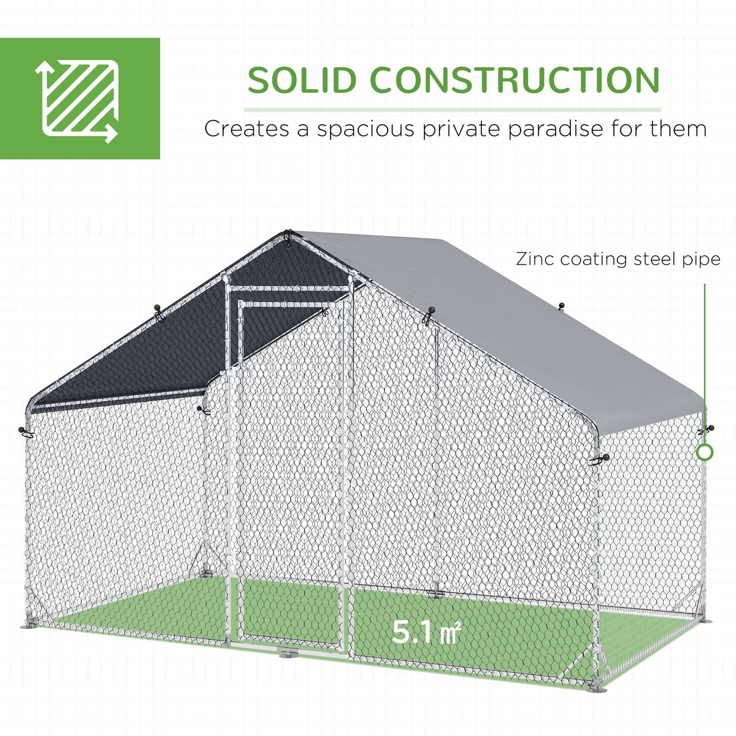 Large Chicken Coop, Galvanised Walk In Chicken Coop Hen House w/ Water-Resist Cover, Grey