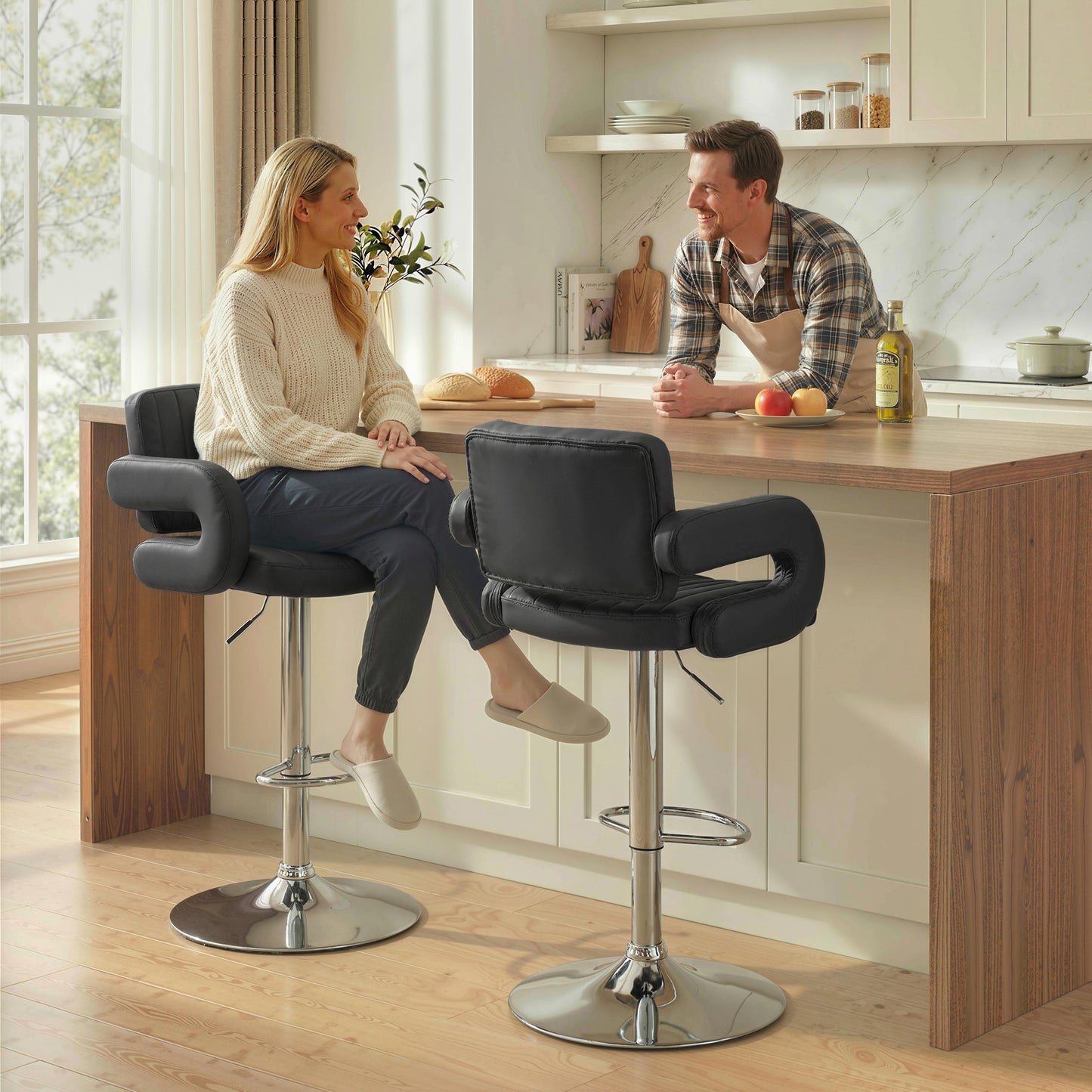 Bar Stools Adjustable Swivel Kitchen Chairs with Backrest Armrest Set of 2 PU Leather Black