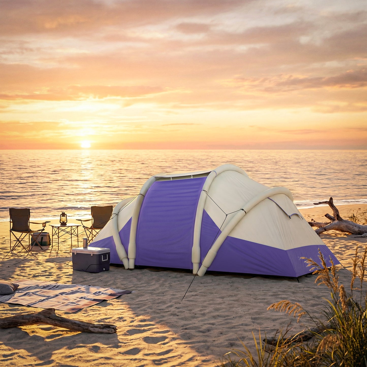 Inflatable Tent 2 Bedroom Tunnel Design Windproof Air Tent with Carry Bag for 4 Person