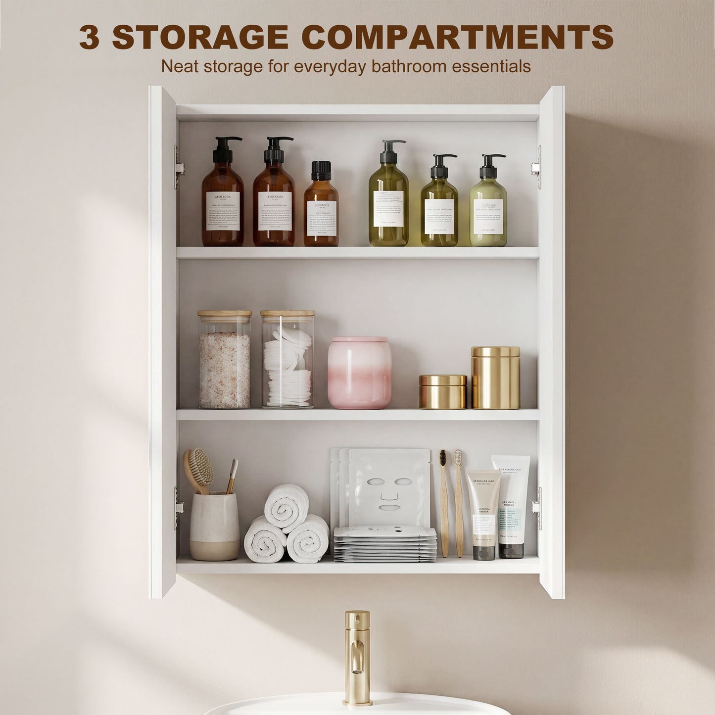 Bathroom Mirror Cabinet, 3-Tier Wall Mount Bathroom Storage Cabinet with Soft-Close Hinges and Adjustable Shelf