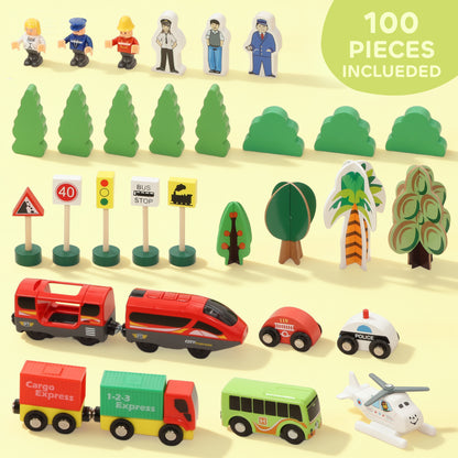 100 Piece Wooden Train Set for Kids 3+ Years with Track, Crane, Battery Operated Train