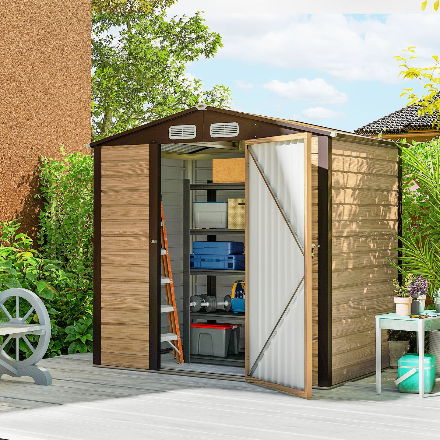 4 x 6ft Galvanised Steel Garden Shed, with Lock and Gloves - Oak
