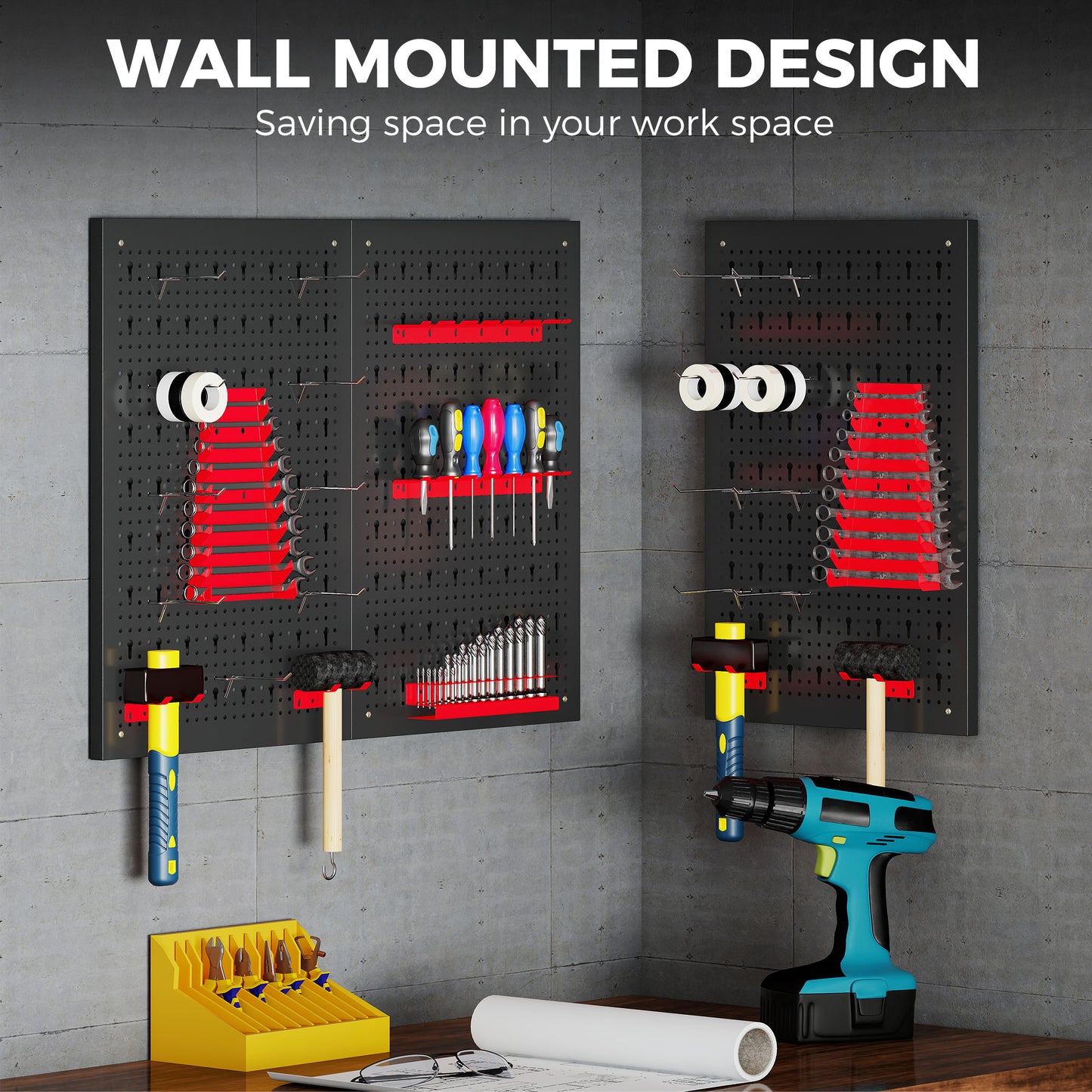 28 Pcs Wall-Mounted Pegboard with 3 Boards, Garage Tool Storage Unit Black and Red