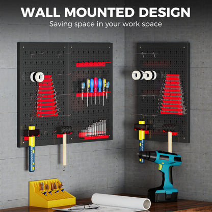28 Pcs Wall-Mounted Pegboard with 3 Boards, Garage Tool Storage Unit Black and Red