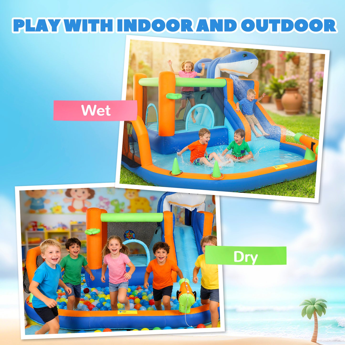 Inflatable Bouncy Castle for Kids, Sharks Theme Jumping Bounce House with Slide, Climbing Wall for Indoor Outdoor