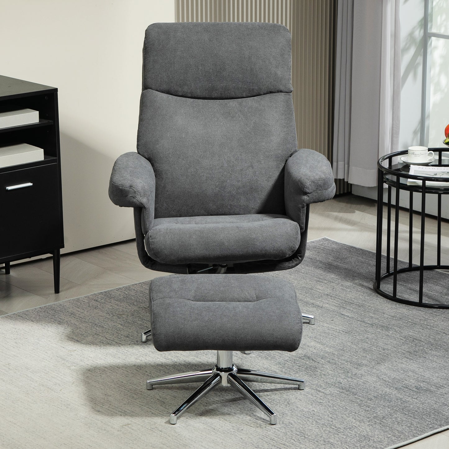 Velvet-Feel Recliner Chair and Ottoman - Dark Grey