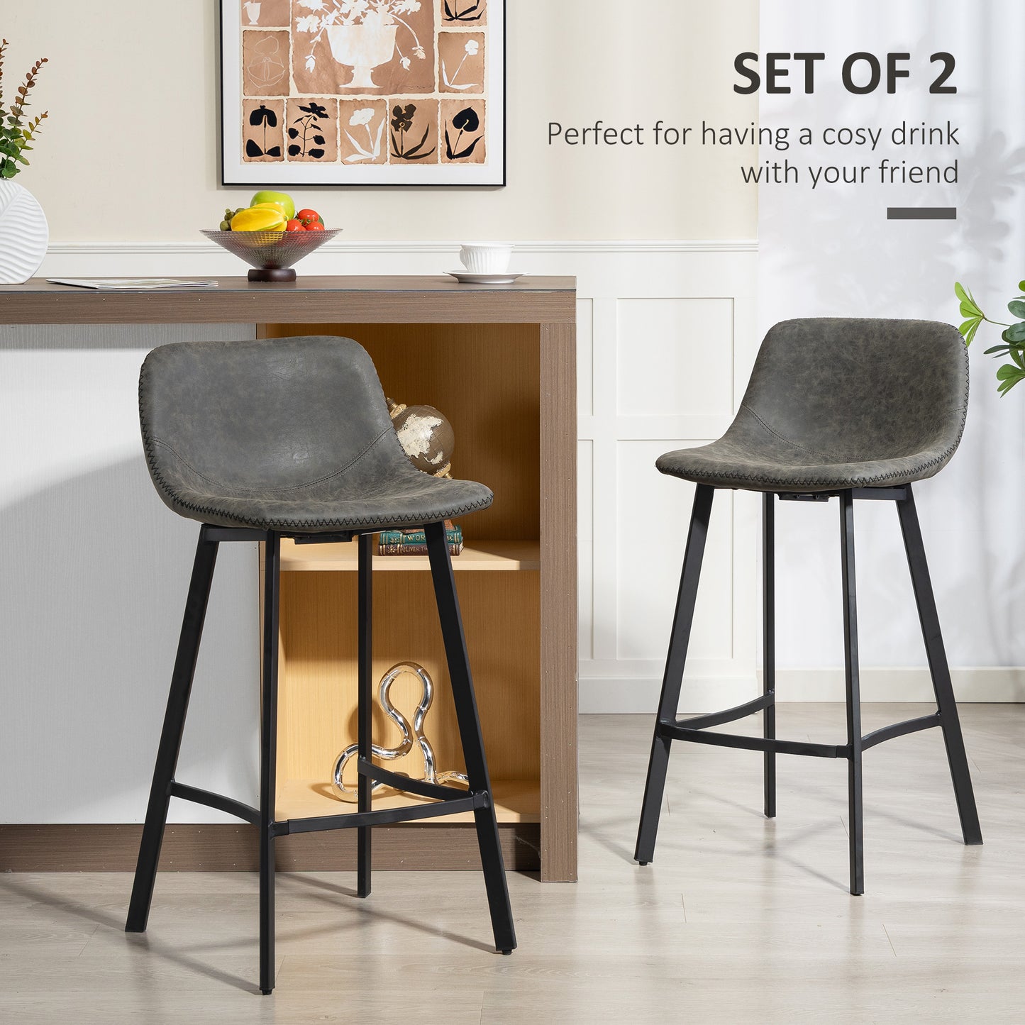 Bar Stools Set of 2, PU Leather Dining Stools with Backrest, Footrest, for Kitchen, Counter, Breakfast Bar, Grey