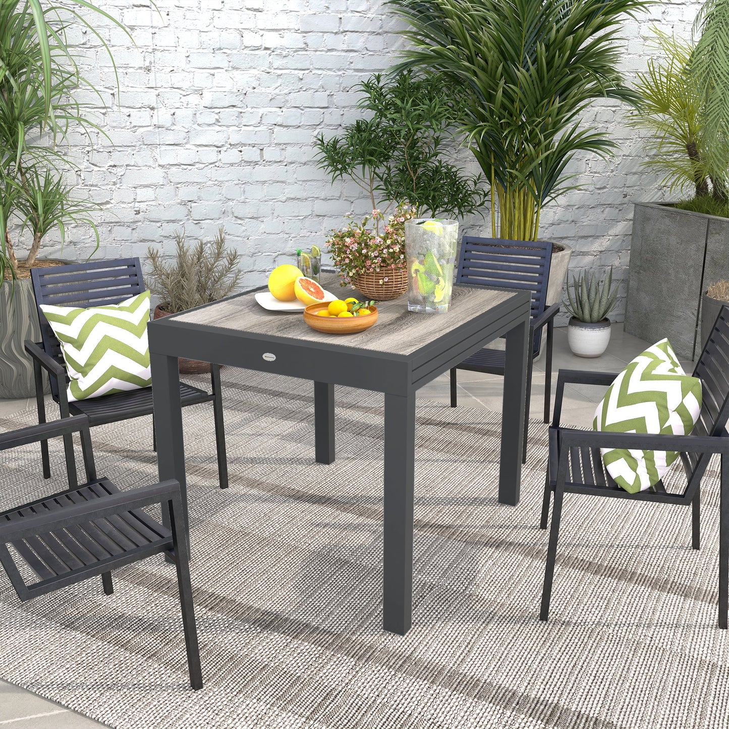 Extending Garden Table, Outdoor Dining Table for 6, Aluminium Frame Rectangular Patio Table with Plastic Board Tabletop