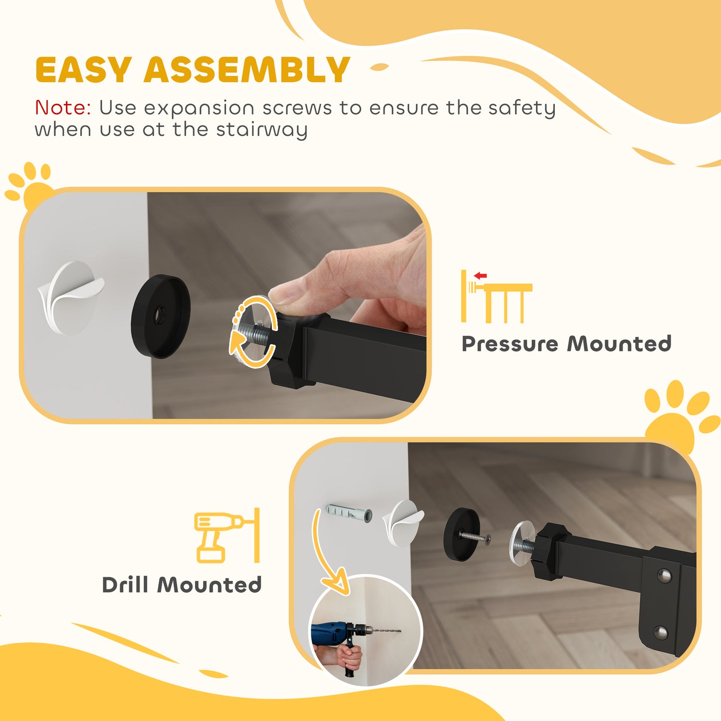Adjustable Safety Gate w/ Two Extensions, Four Adjustable Screws, Black