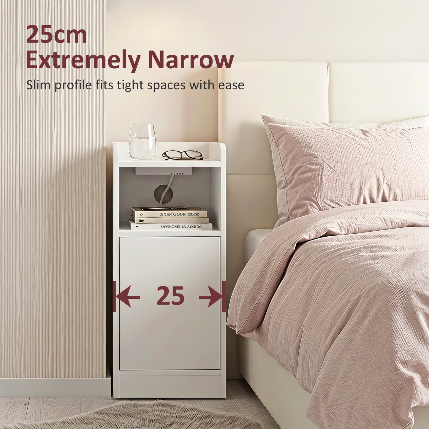 Slim Bedside Table Set of 2 with Charging Station, Narrow Bedside Cabinet with Adjustable Shelf, White