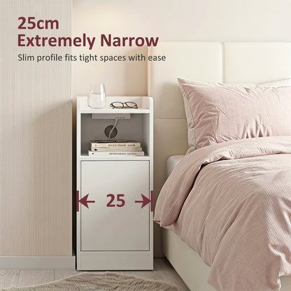 Slim Bedside Table Set of 2 with Charging Station, Narrow Bedside Cabinet with Adjustable Shelf, White