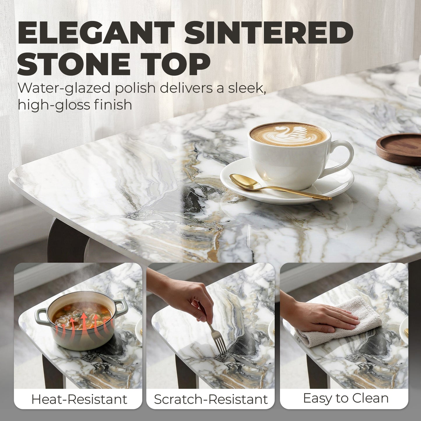 Dining Table for 4, Modern Kitchen Table with Sintered Stone Tabletop, Metal Legs, White