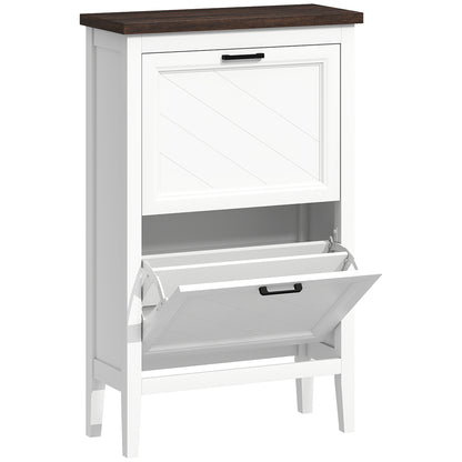 Shoe Cabinet with 2 Flip Drawers, Farmhouse Narrow Shoe Storage Cabinet with Adjustable Shelves, White