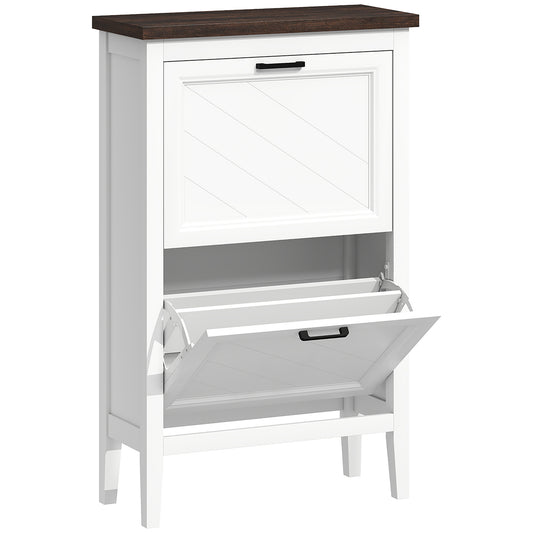Shoe Cabinet with 2 Flip Drawers, Farmhouse Narrow Shoe Storage Cabinet with Adjustable Shelves, White