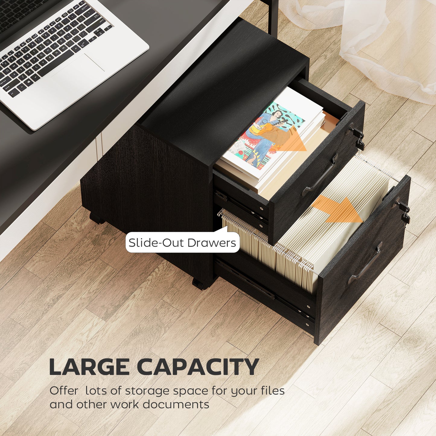 Rolling File Cabinet with 2 Drawers, Mobile Filing Cabinet with Hanging File Folder for Letter Sized Documents, Black