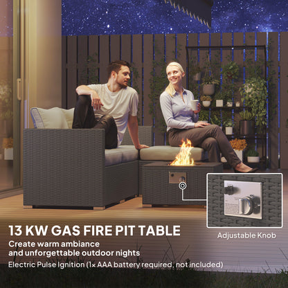 Five Piece Rattan Garden Furniture Set with Gas Fire Pit Table and Footstool - Grey