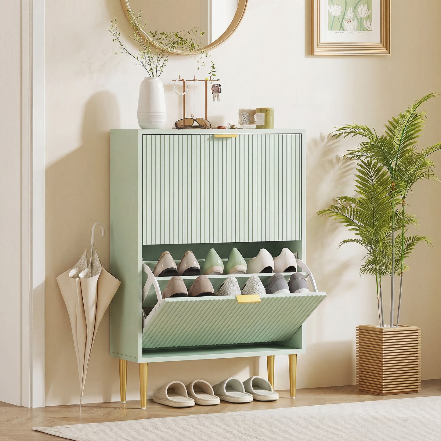 Elegant Two-Drawer Shoe Cabinet - Light Green