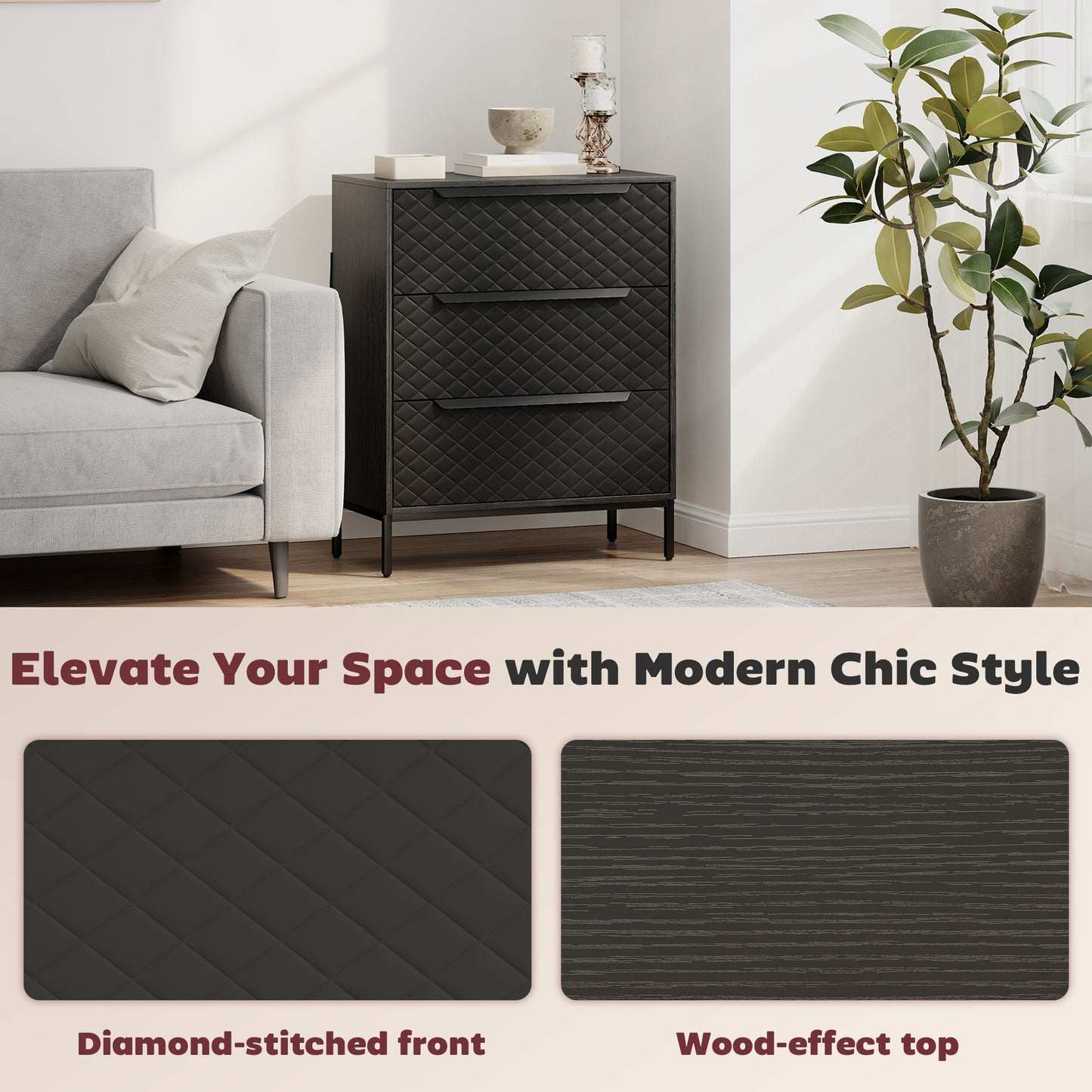 Chest of Drawers, Dresser with 3 Fabric Drawers and Aluminium Handles - Black