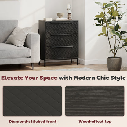Chest of Drawers, Dresser with 3 Fabric Drawers and Aluminium Handles - Black