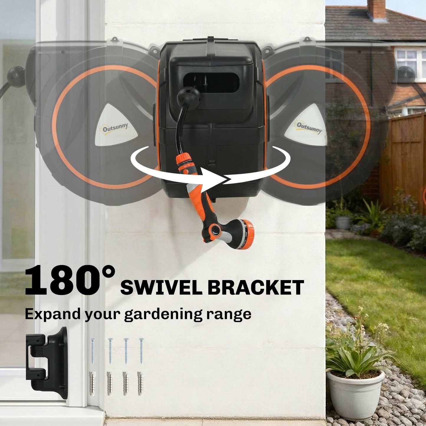 25m Retractable Hose Reel Wall Mounted with Auto Retraction, Self-Locking, Slow Return System, 12-Pattern Nozzles