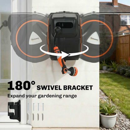 25m Retractable Hose Reel Wall Mounted with Auto Retraction, Self-Locking, Slow Return System, 12-Pattern Nozzles
