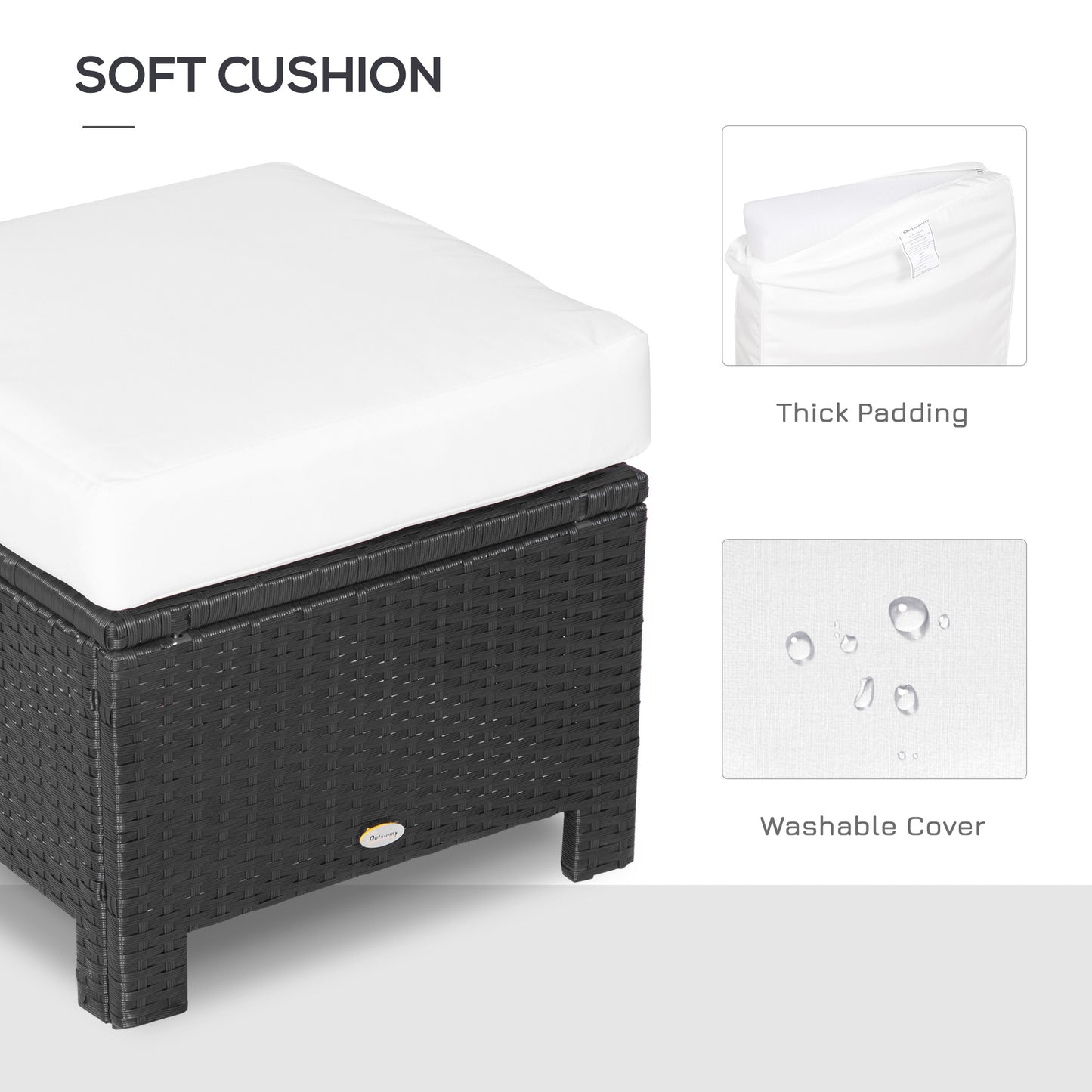 Rattan Footstool Wicker Ottoman with Padded Seat Cushion Outdoor Patio Furniture for Garden Poolside Living Room