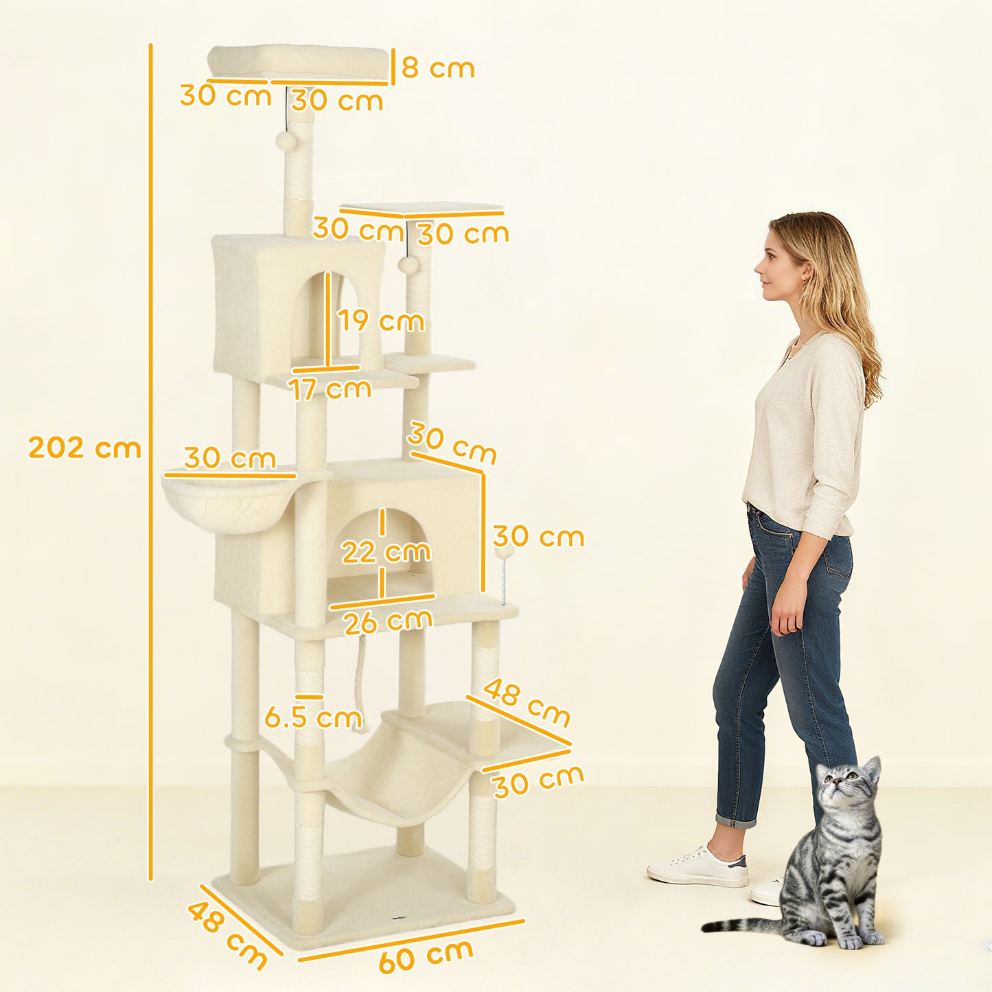 202cm Cat Tree with 6 Scratching Posts, 2 Hammocks, 2 Condos, 2 Perches, Pompoms, for Cats to Rest and Play, Beige