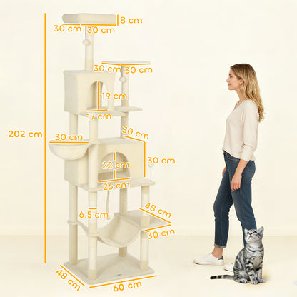 202cm Cat Tree with 6 Scratching Posts, 2 Hammocks, 2 Condos, 2 Perches, Pompoms, for Cats to Rest and Play, Beige