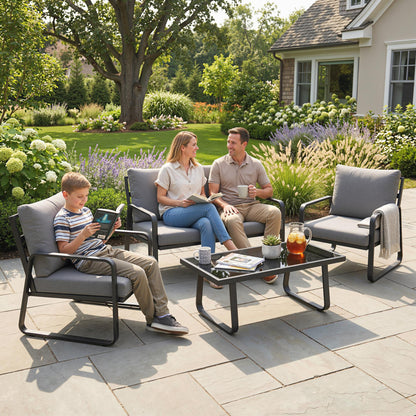 4 Piece Garden Furniture Set, Outdoor Sofa Set with Loveseat, 2 Armchairs, Coffee Table and Cushions