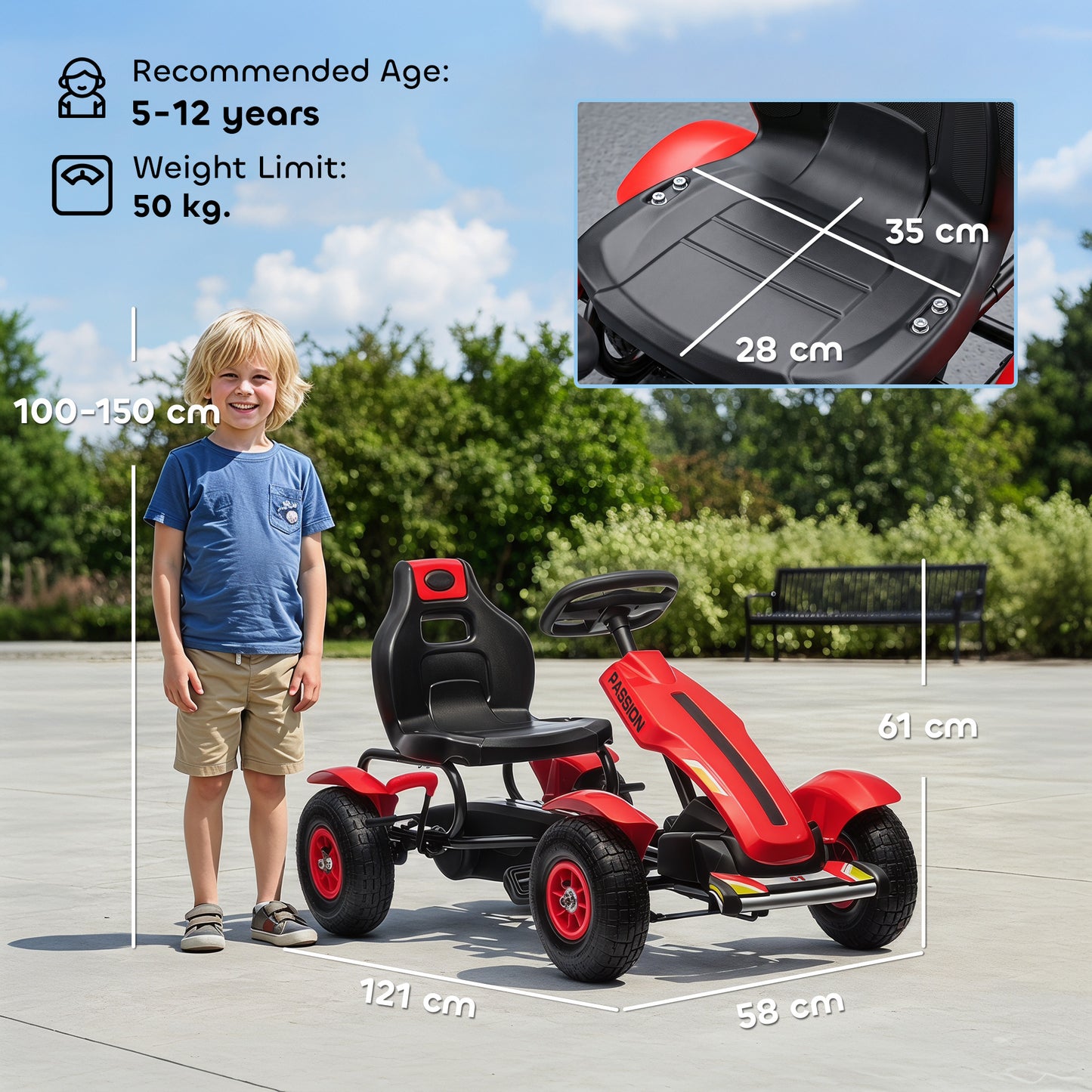 Pedal Go Kart, Kids Ride On Racer with Adjustable Seat, Inflatable Rubber Tyres, Handbrake for Ages 5-12 Years - Red