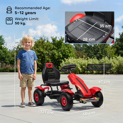 Pedal Go Kart, Kids Ride On Racer with Adjustable Seat, Inflatable Rubber Tyres, Handbrake for Ages 5-12 Years - Red