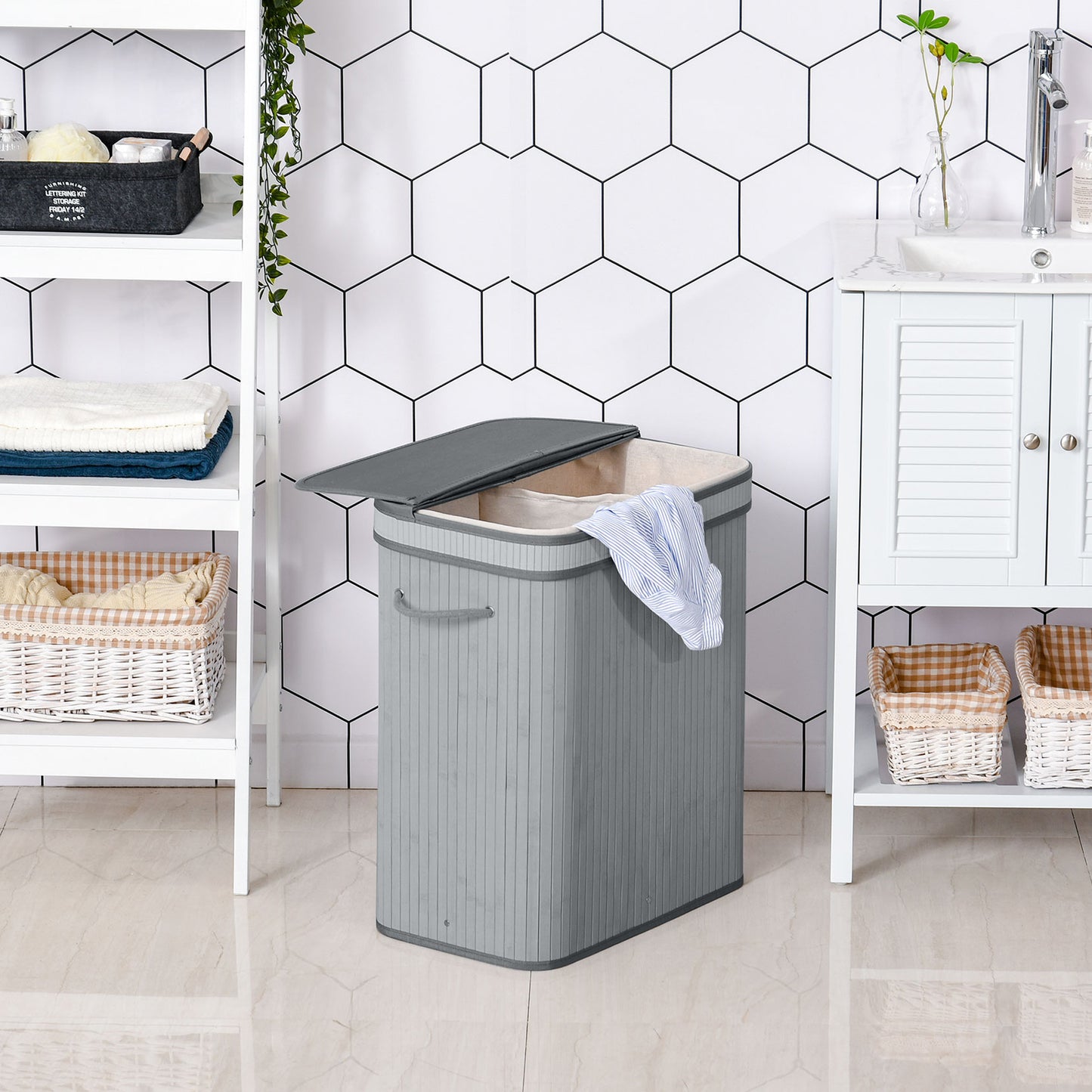 100L Natural Wood Laundry Basket A Compartment w/Flip Lid Removable Lining Handles Board Base Foldable Durable Water-Resistan
