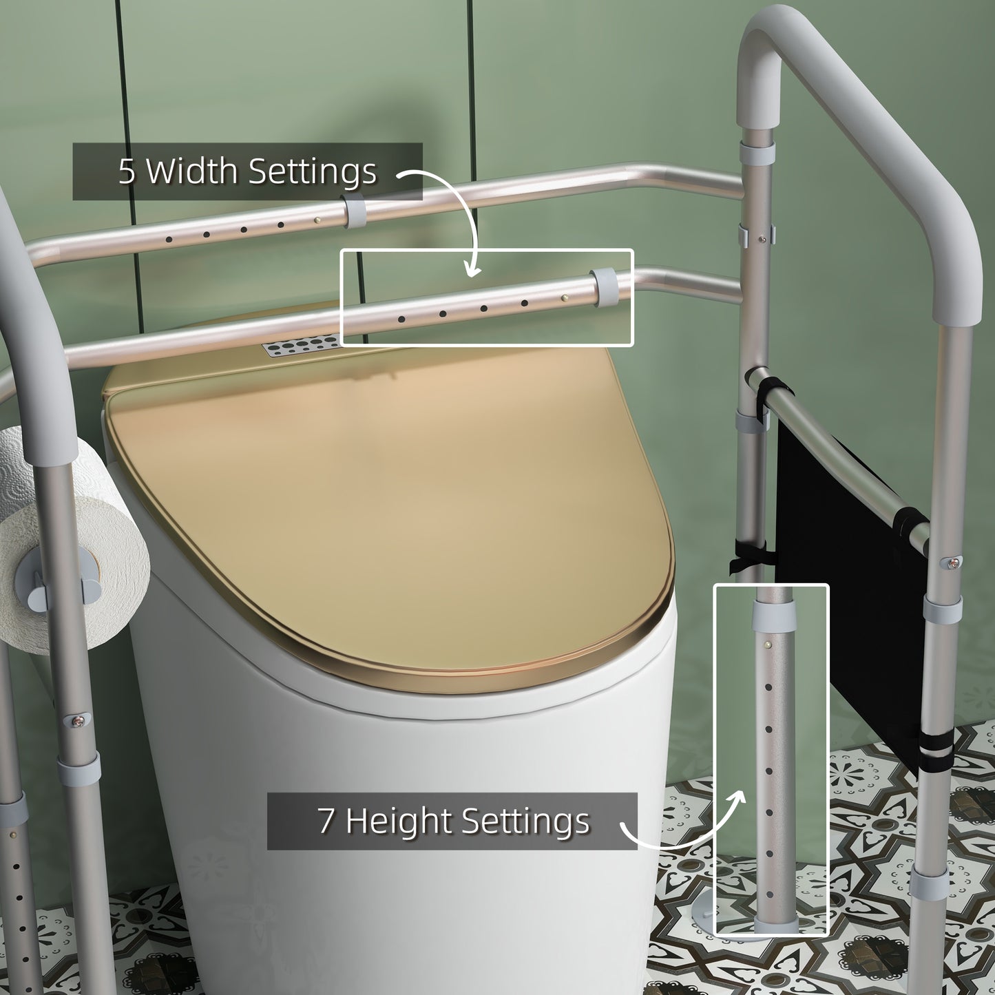 Free Standing Toilet Frame, Height and Width Adjustable Toilet Safety Frame with Arms, 2 Additional Suction Cups