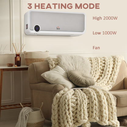 Wall Downflow Heater 2 Heat and Fan 1000W/2000W, Electric Space Heater with Timer Remote Oscillating