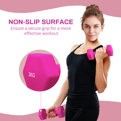 2 x 3kg Hexagonal Dumbbells Weights Set with Non-Slip Grip for Home Gym Workout, Pink