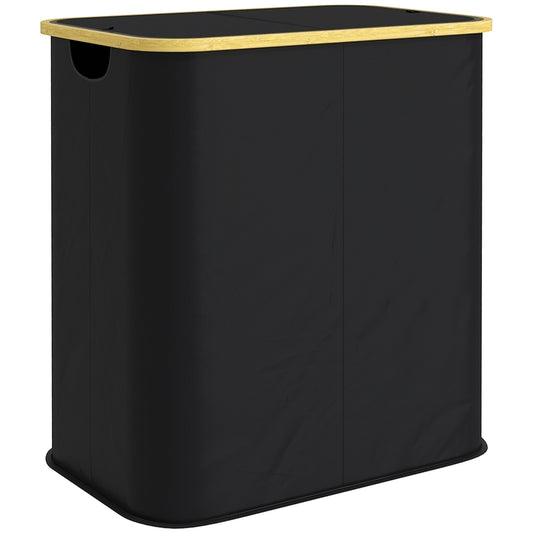 Double Laundry Basket With Lid, 80L Collapsible Laundry Hamper with Groove Handles, Washing Basket for Bathroom, Bedroom