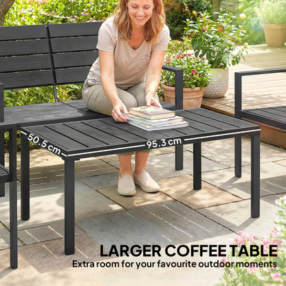 4 Piece Garden Furniture Set, Outdoor Sofa Set with HDPE Slatted Loveseat Armchairs Coffee Table Metal Frame, Black