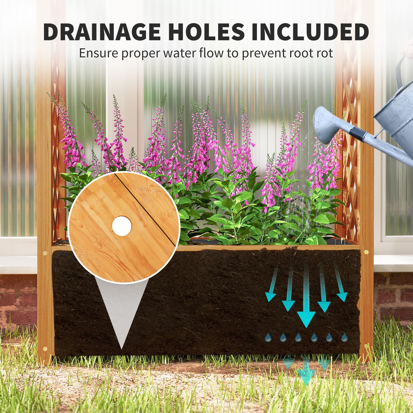 Wooden Raised Garden Bed with Trellis, Liner, Drainage Holes, for Vine Climbing Plants, Flowers, 83 x 36 x 145 cm
