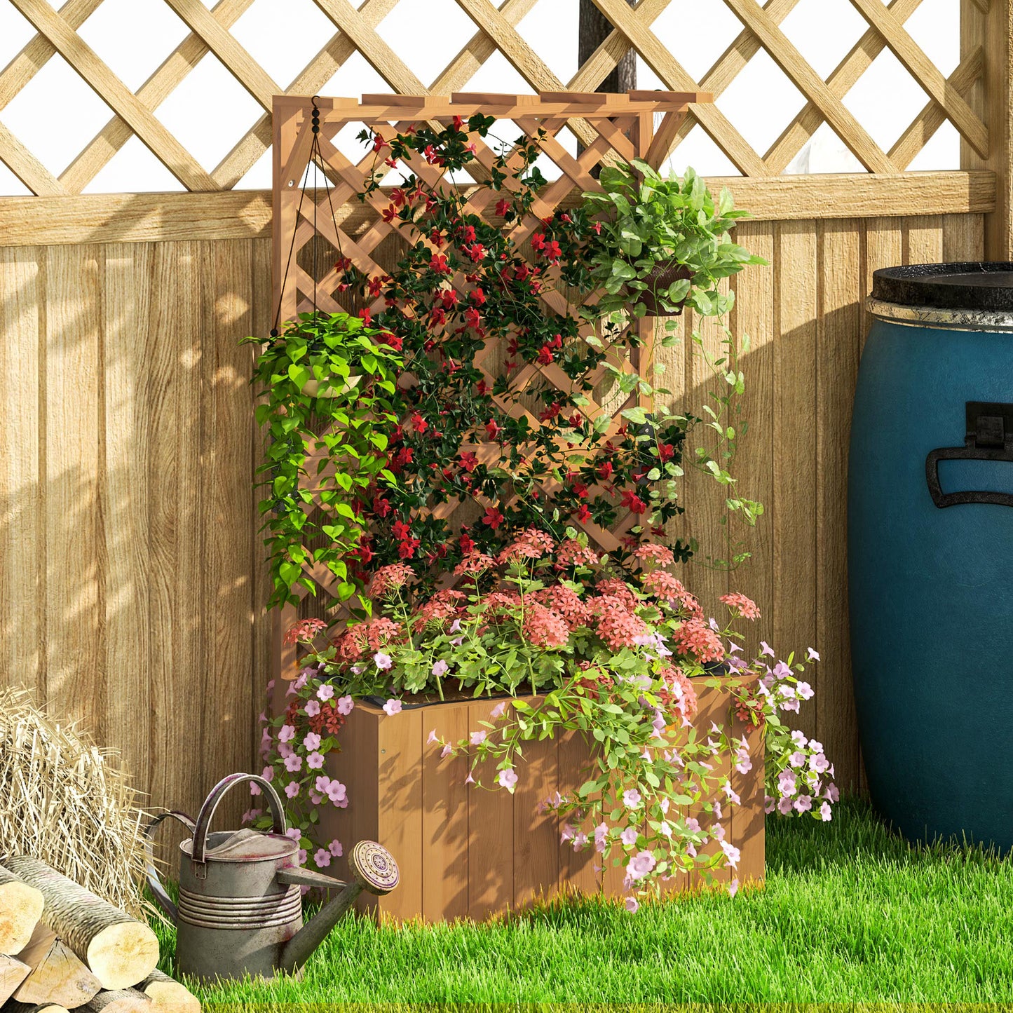 Wooden Planter with Trellis, Freestanding Raised Garden Bed with Drainage Holes