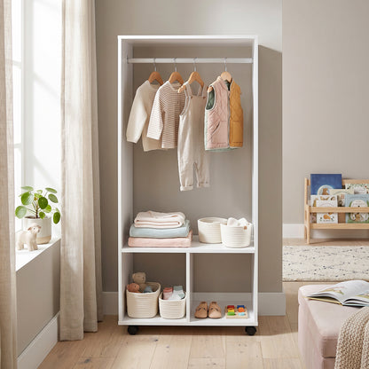 Open Wardrobe on Wheels, Bedroom Wardrobe with Clothes Hanging Rail, 2 Storage Shelves, Mobile Garment Rack for Cloakroom