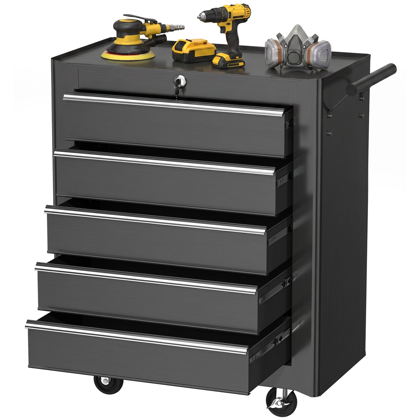 5-Drawer Tool Chest with Wheels, Steel Lockable Tool Storage Cabinet with Handle, 2 Keys for Garage, Workshop, Black